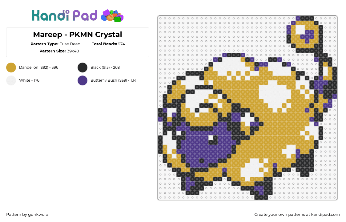 Mareep - PKMN Crystal - Fuse Bead Pattern by gunkworx on Kandi Pad - mareep,pokemon,character,gaming,sheep,purple,tan,yellow