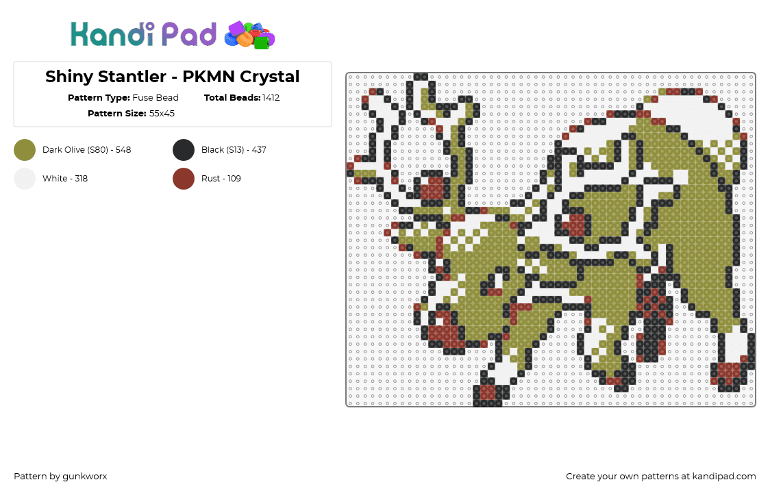 Shiny Stantler - PKMN Crystal - Fuse Bead Pattern by gunkworx on Kandi Pad - stantler,pokemon,character,gaming,brown,green,tan