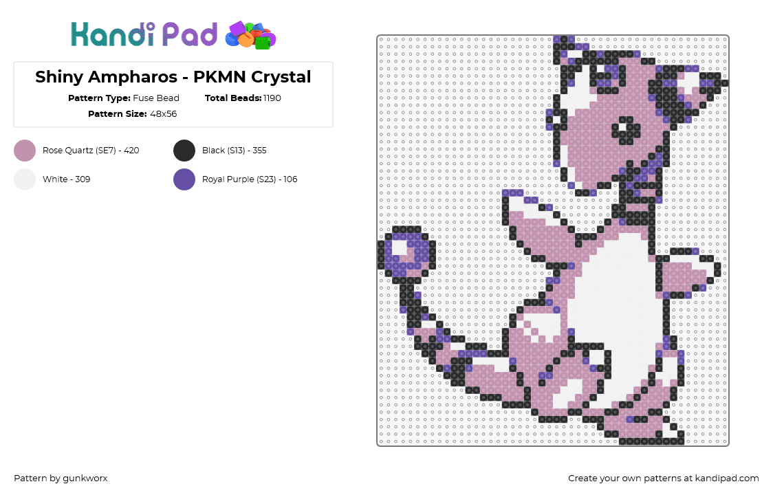 Shiny Ampharos - PKMN Crystal - Fuse Bead Pattern by gunkworx on Kandi Pad - ampharos,pokemon,character,gaming,purple,white