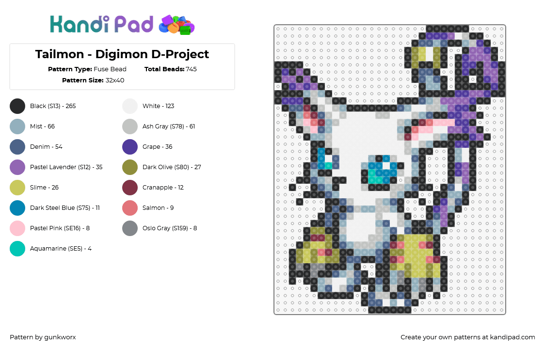 Tailmon - Digimon D-Project - Fuse Bead Pattern by gunkworx on Kandi Pad - tailmon,digimon,character,gaming,white,purple