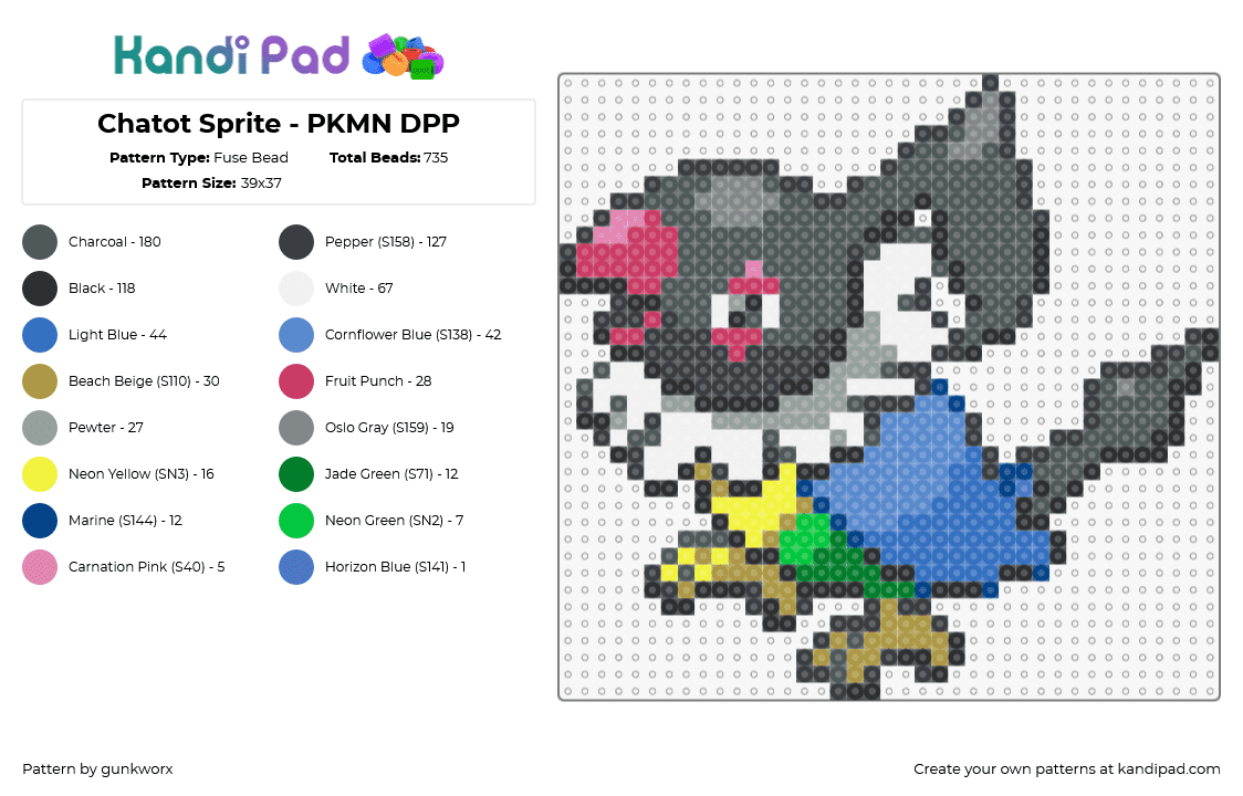 Chatot Sprite - PKMN DPP - Fuse Bead Pattern by gunkworx on Kandi Pad - chatot,pokemon,character,gaming,bird,colorful,black,blue,yellow