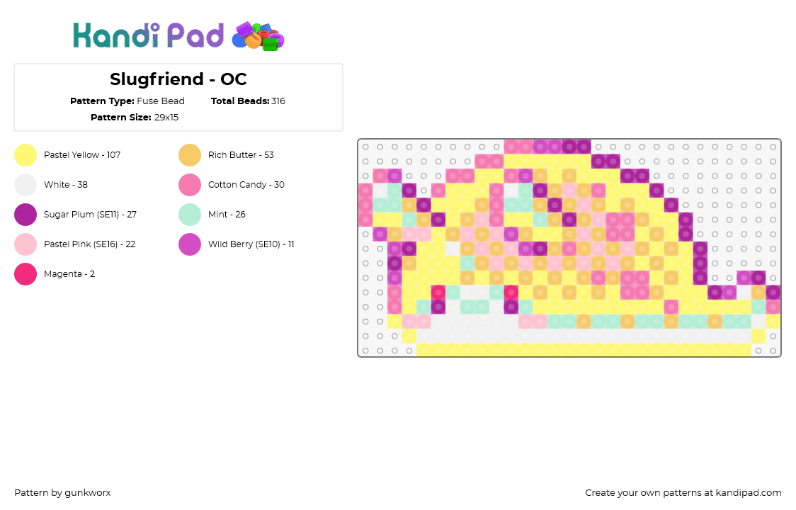 Slugfriend - OC - Fuse Bead Pattern by gunkworx on Kandi Pad - slugfriend,slug,cute,character,pastel,pink,yellow