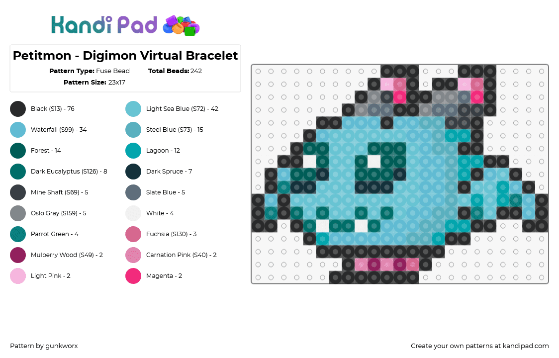 Petitmon - Digimon Virtual Bracelet - Fuse Bead Pattern by gunkworx on Kandi Pad - petitmon,digimon,character,gaming,teal