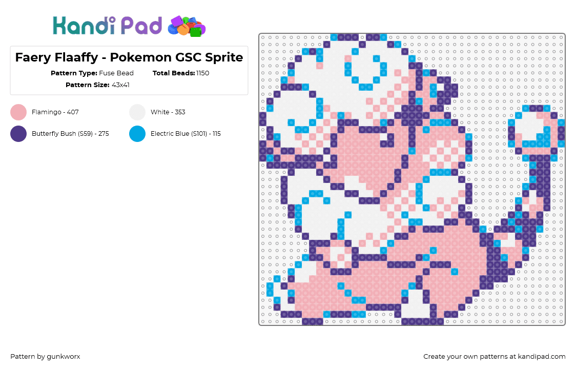 Faery Flaaffy - Pokemon GSC Sprite - Fuse Bead Pattern by gunkworx on Kandi Pad - flaaffy,pokemon,sheep,character,gaming,pink,blue,white