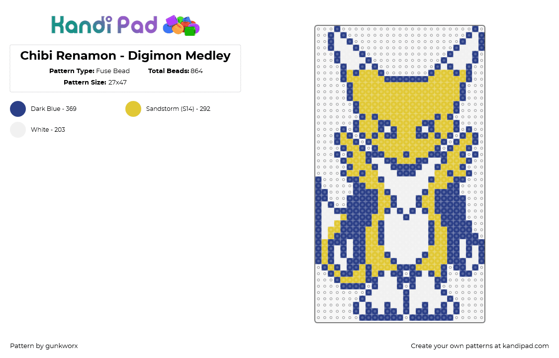 Chibi Renamon - Digimon Medley - Fuse Bead Pattern by gunkworx on Kandi Pad - renamon,digimon,chibi,character,gaming,yellow,white