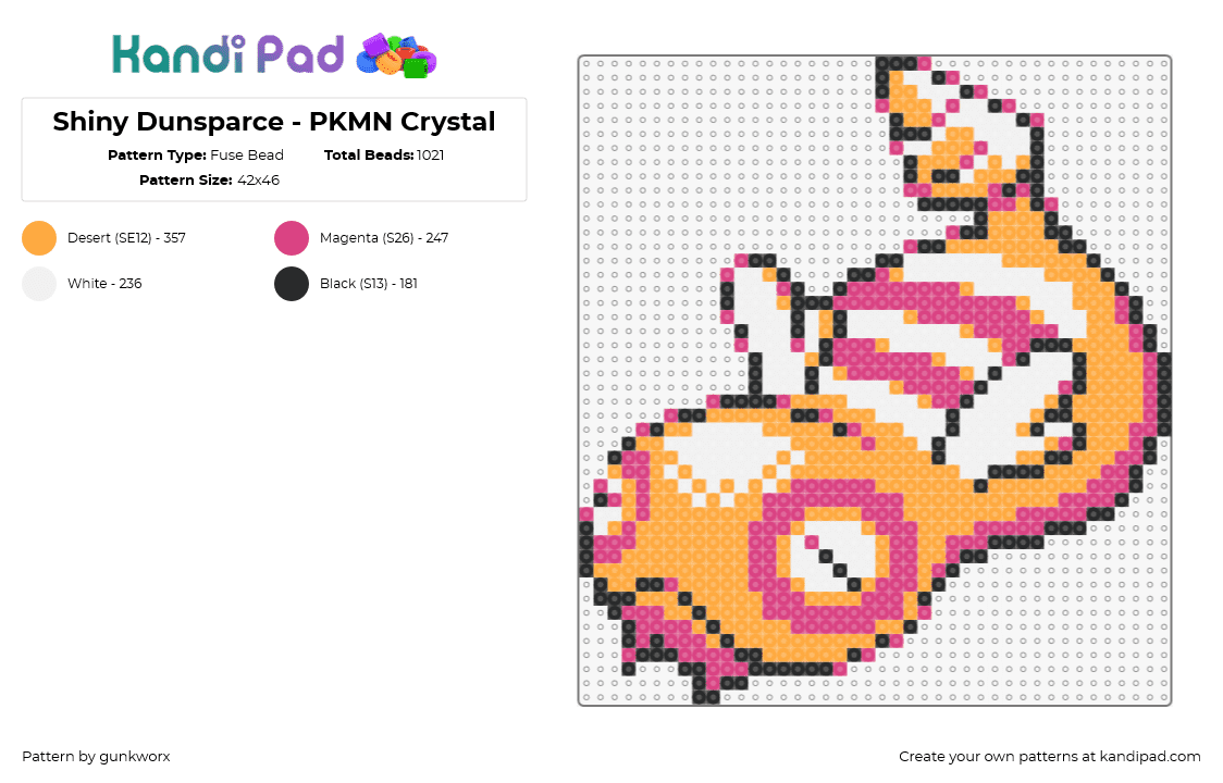 Shiny Dunsparce - PKMN Crystal - Fuse Bead Pattern by gunkworx on Kandi Pad - dunsparce,pokemon,character,gaming,pink,orange