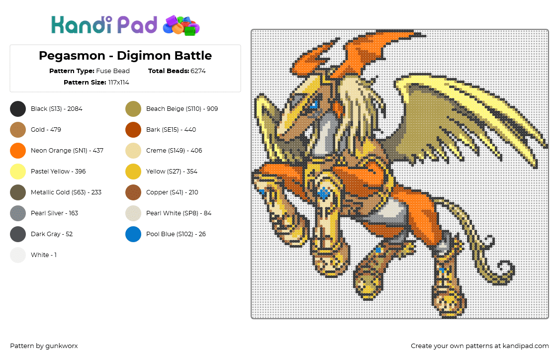 Pegasmon - Digimon Battle - Fuse Bead Pattern by gunkworx on Kandi Pad - pegasmon,digimon,winged,character,gaming,orange,yellow