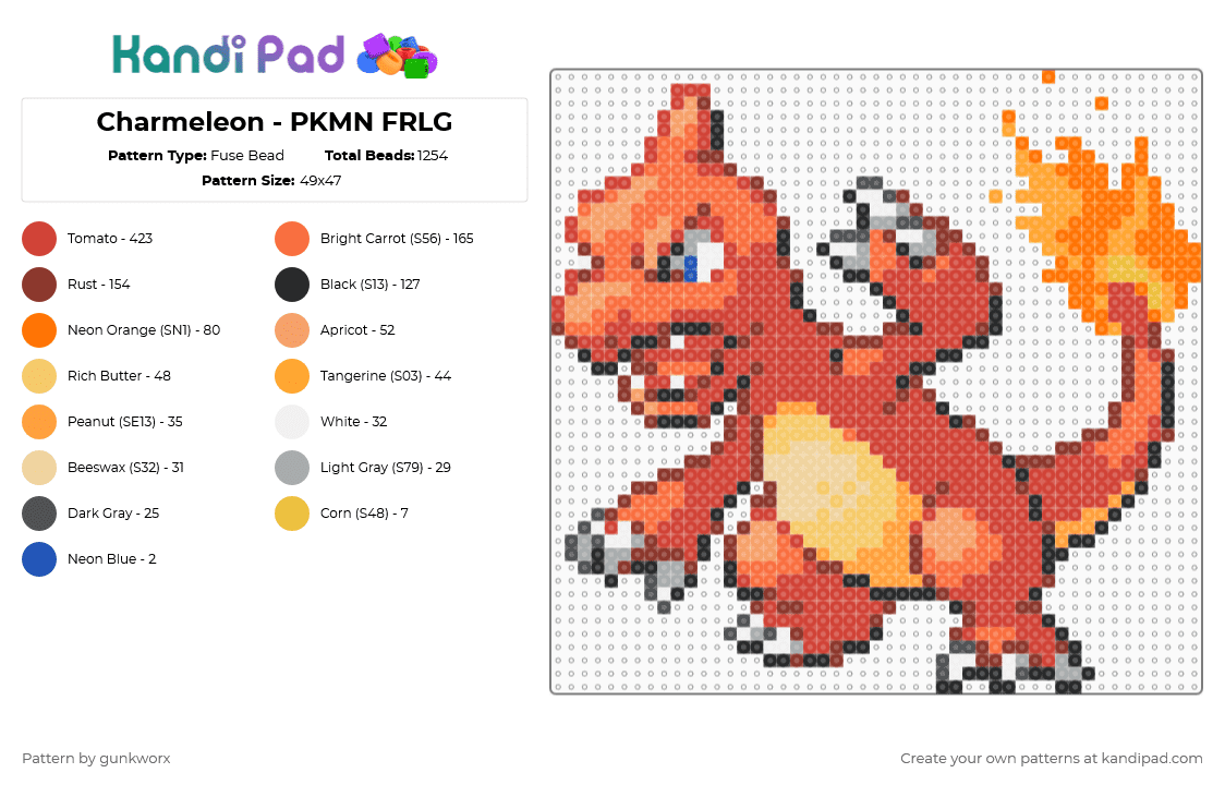 Charmeleon - PKMN FRLG - Fuse Bead Pattern by gunkworx on Kandi Pad - lizard,video game,gaming,pokemon,red,orange,charmeleon,fire