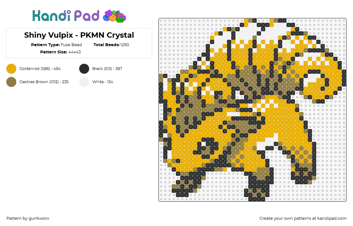 Shiny Vulpix - PKMN Crystal - Fuse Bead Pattern by gunkworx on Kandi Pad - vulpix,pokemon,character,gaming,yellow