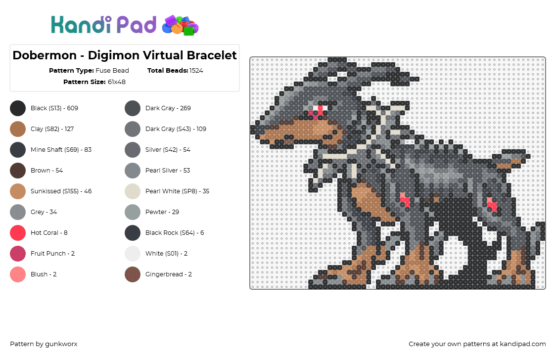 Dobermon - Digimon Virtual Bracelet - Fuse Bead Pattern by gunkworx on Kandi Pad - dobermon,digimon,dog,character,gaming,gray,black,brown