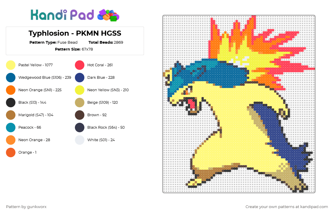 Typhlosion - PKMN HGSS - Fuse Bead Pattern by gunkworx on Kandi Pad - video game,gaming,pokemon,red,blue,yellow,typhlosion,fire
