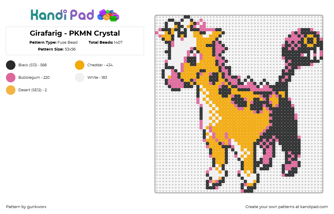 Girafarig - PKMN Crystal - Fuse Bead Pattern by gunkworx on Kandi Pad - girafarig,pokemon,character,gaming,giraffe,orange,pink