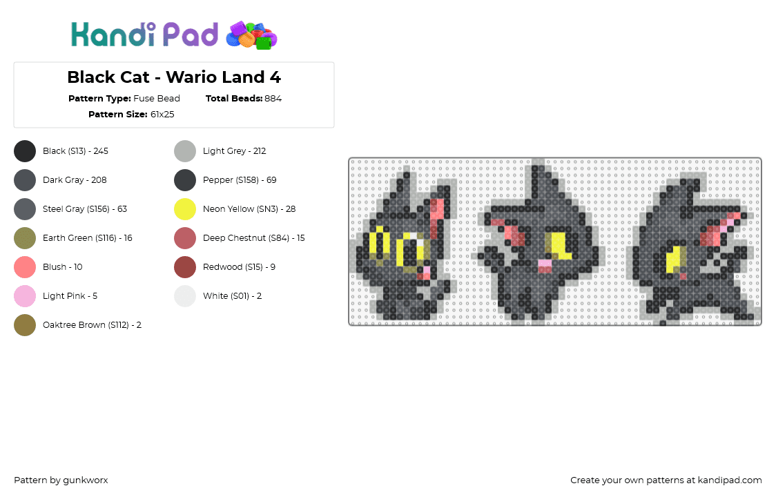 Black Cat - Wario Land 4 - Fuse Bead Pattern by gunkworx on Kandi Pad - cat,wario,nintendo,video game,animal character,cute,black,gray,yellow