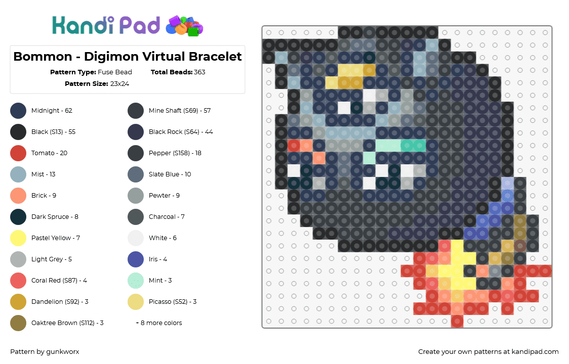 Bommon - Digimon Virtual Bracelet - Fuse Bead Pattern by gunkworx on Kandi Pad - bommon,digimon,bomb,character,gaming,fiery,blue,orange