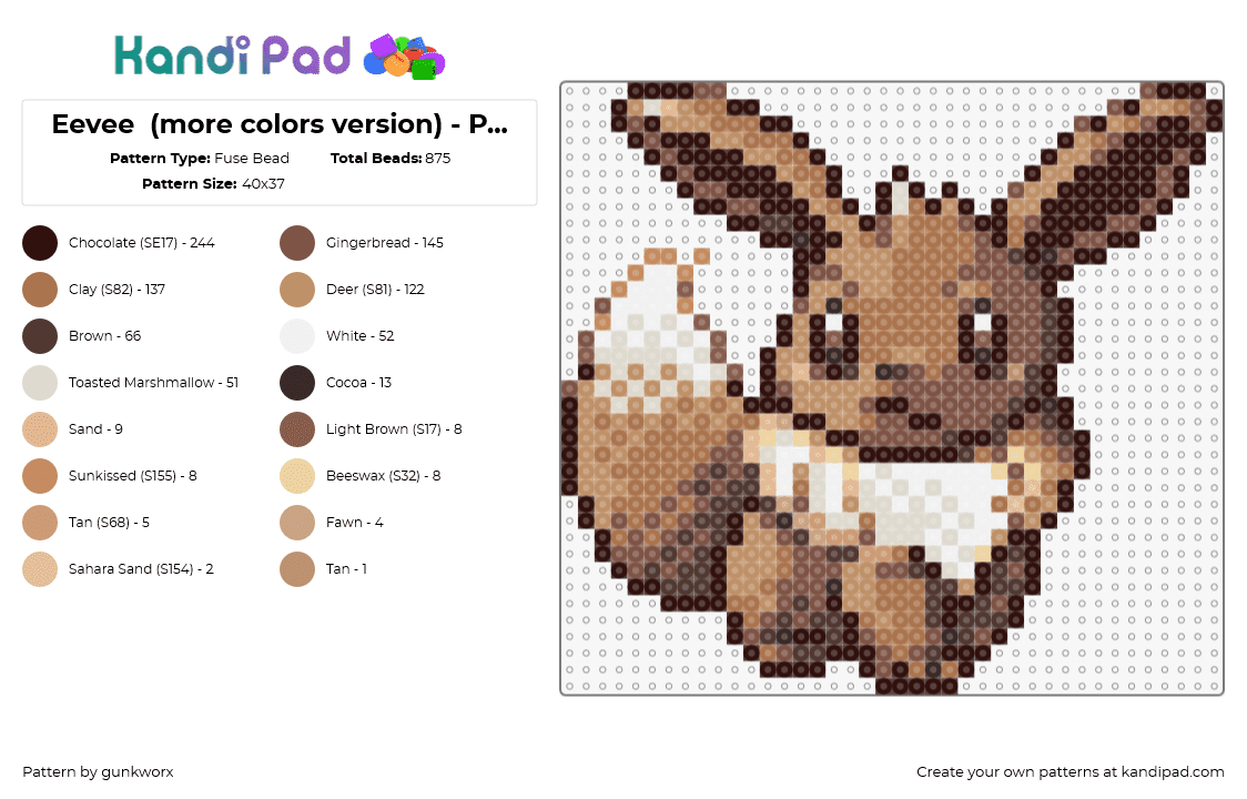 Eevee  (more colors version) - PKMN Gold - Fuse Bead Pattern by gunkworx on Kandi Pad - eevee,pokemon,character,gaming,cute,brown,tan