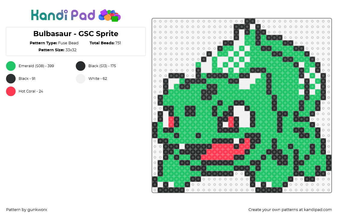 Bulbasaur - GSC Sprite - Fuse Bead Pattern by gunkworx on Kandi Pad - bulbasaur,pokemon,character,starter,gaming,green