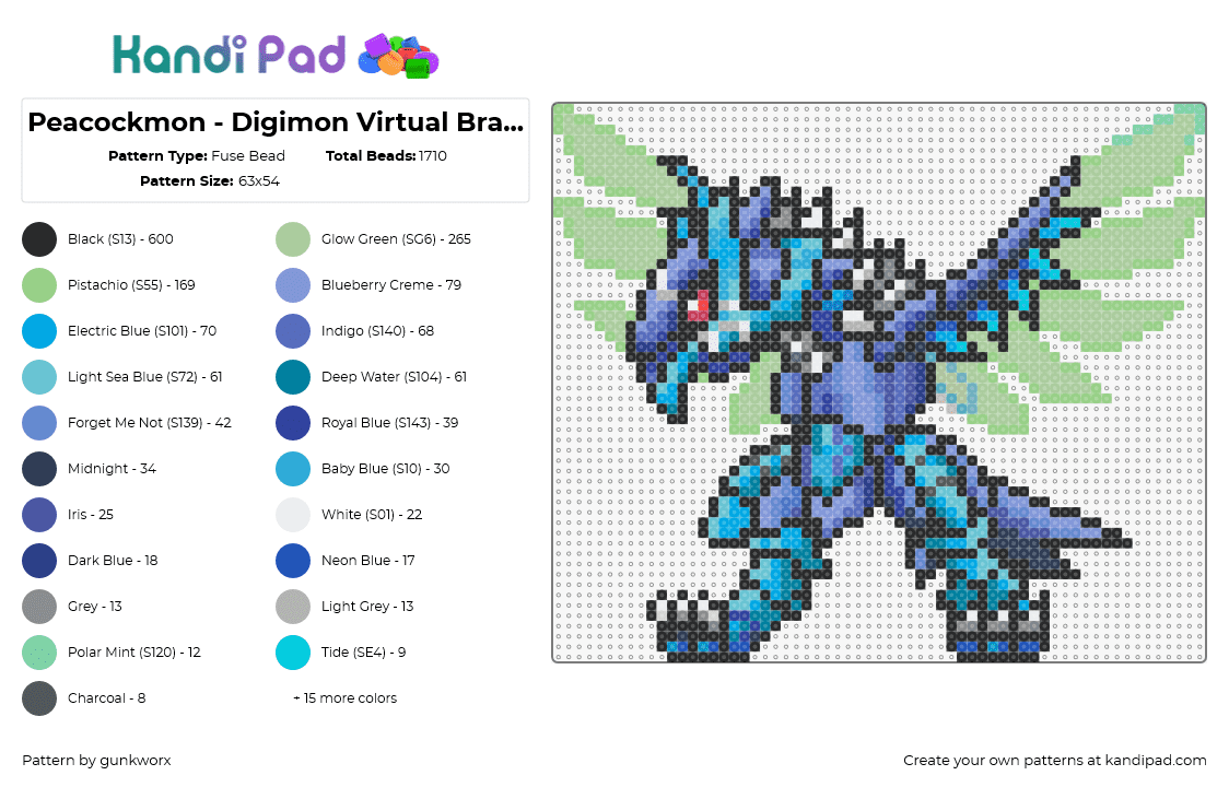 Peacockmon - Digimon Virtual Bracelet - Fuse Bead Pattern by gunkworx on Kandi Pad - peacockmon,digimon,character,winged,gaming,blue,teal,green