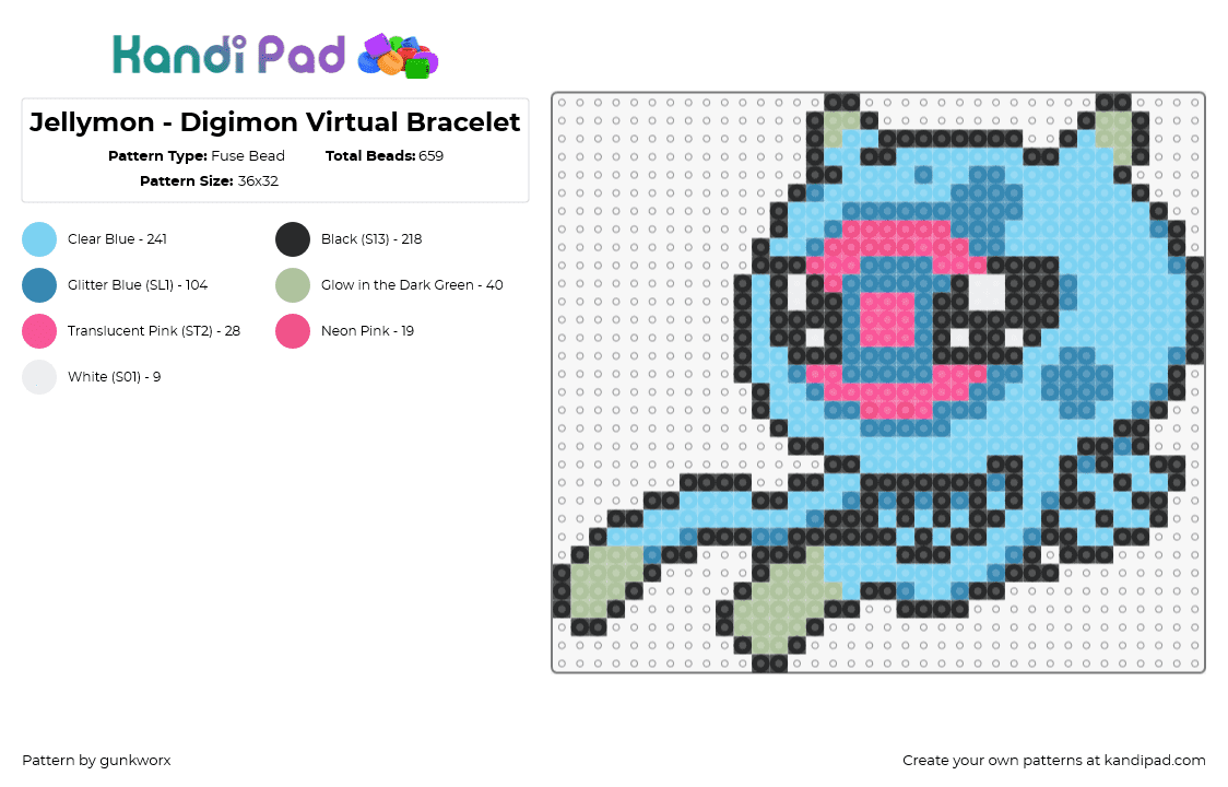 Jellymon - Digimon Virtual Bracelet - Fuse Bead Pattern by gunkworx on Kandi Pad - jellymon,digimon,character,gaming,pink,light blue