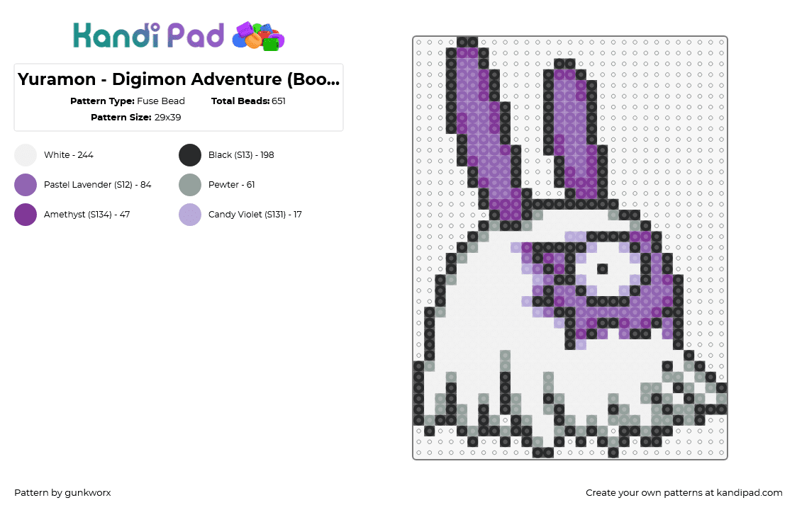 Yuramon - Digimon Adventure (Bootleg) - Fuse Bead Pattern by gunkworx on Kandi Pad - yuramon,digimon,character,gaming,white,purple