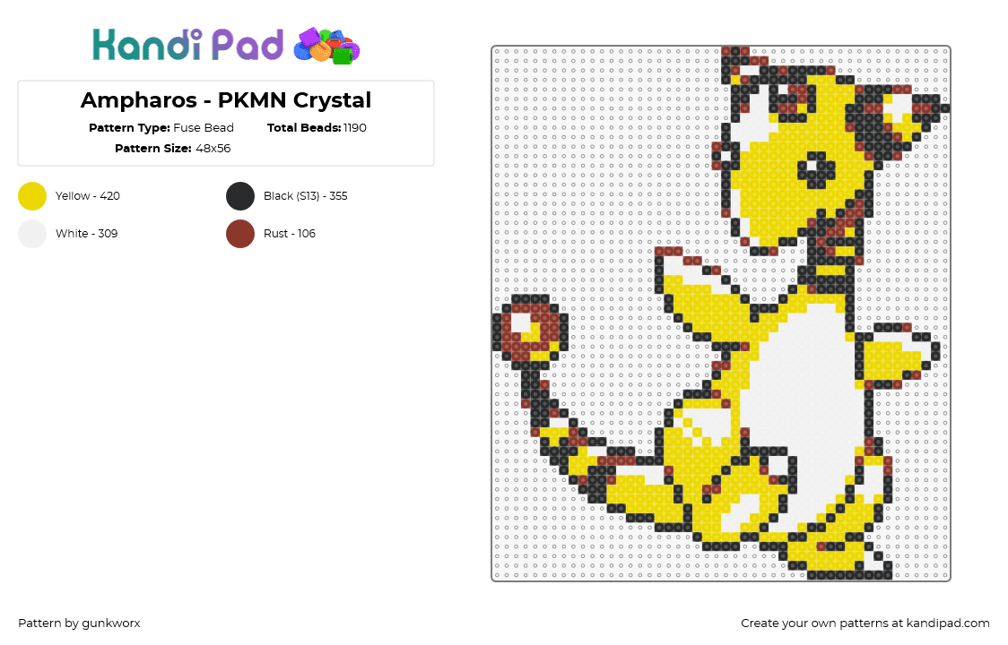 Ampharos - PKMN Crystal - Fuse Bead Pattern by gunkworx on Kandi Pad - ampharos,pokemon,character,gaming,yellow,white