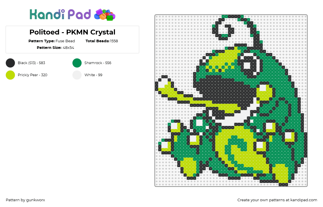 Politoed - PKMN Crystal - Fuse Bead Pattern by gunkworx on Kandi Pad - politoed,pokemon,character,gaming,tongue,frog,green