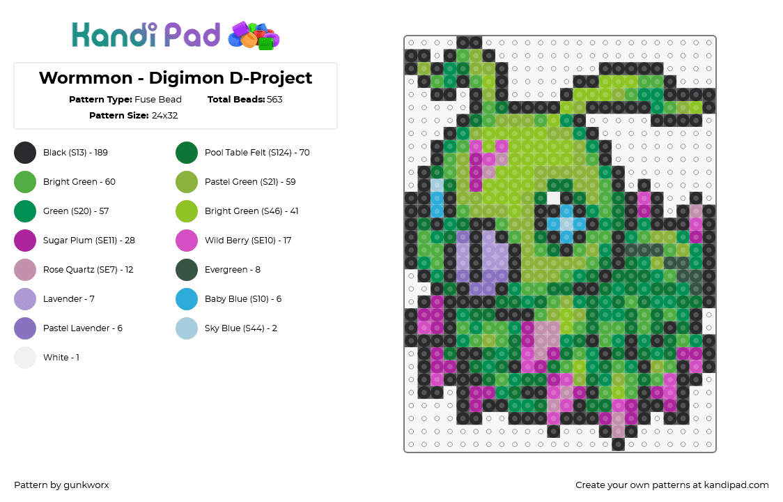 Wormmon - Digimon D-Project - Fuse Bead Pattern by gunkworx on Kandi Pad - wormmon,digimon,character,cute,gaming,green,pink