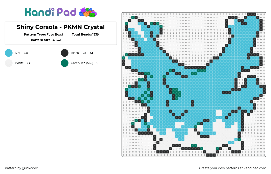 Shiny Corsola - PKMN Crystal - Fuse Bead Pattern by gunkworx on Kandi Pad - corsola,pokemon,character,gaming,cute,light blue,teal