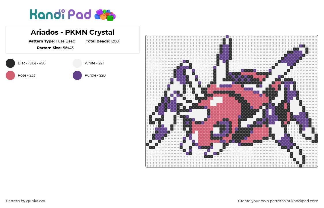 Ariados - PKMN Crystal - Fuse Bead Pattern by gunkworx on Kandi Pad - ariados,pokemon,character,gaming,pink,purple,white