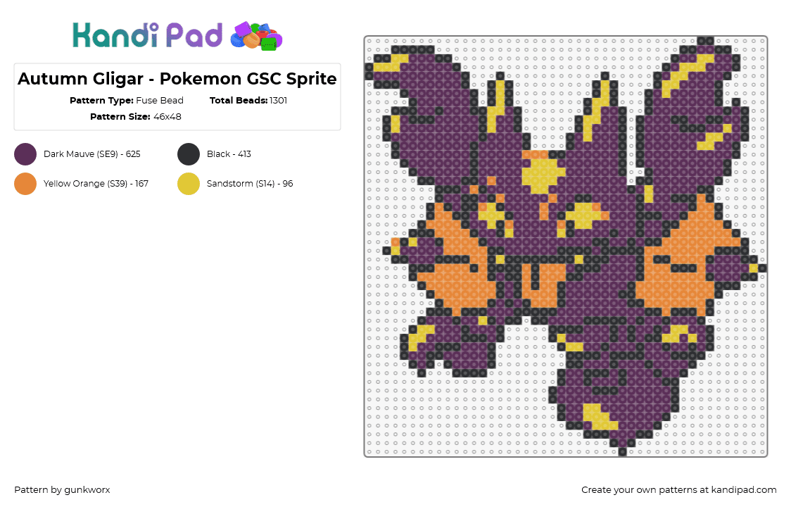 Autumn Gligar - Pokemon GSC Sprite - Fuse Bead Pattern by gunkworx on Kandi Pad - gligar,pokemon,gaming,character,purple,orange