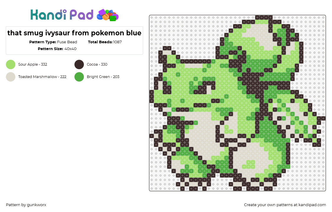 that smug ivysaur from pokemon blue - Fuse Bead Pattern by gunkworx on Kandi Pad - ivysaur,pokemon,bulbasaur,character,evolution,gaming,green