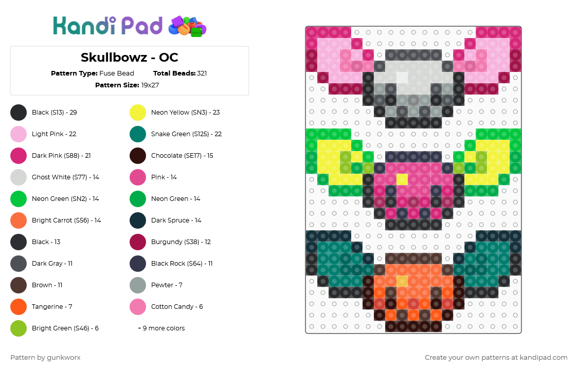Skullbowz - OC - Fuse Bead Pattern by gunkworx on Kandi Pad - pink,green,brown,teal,skulls,cute,spooky,neon,halloween
