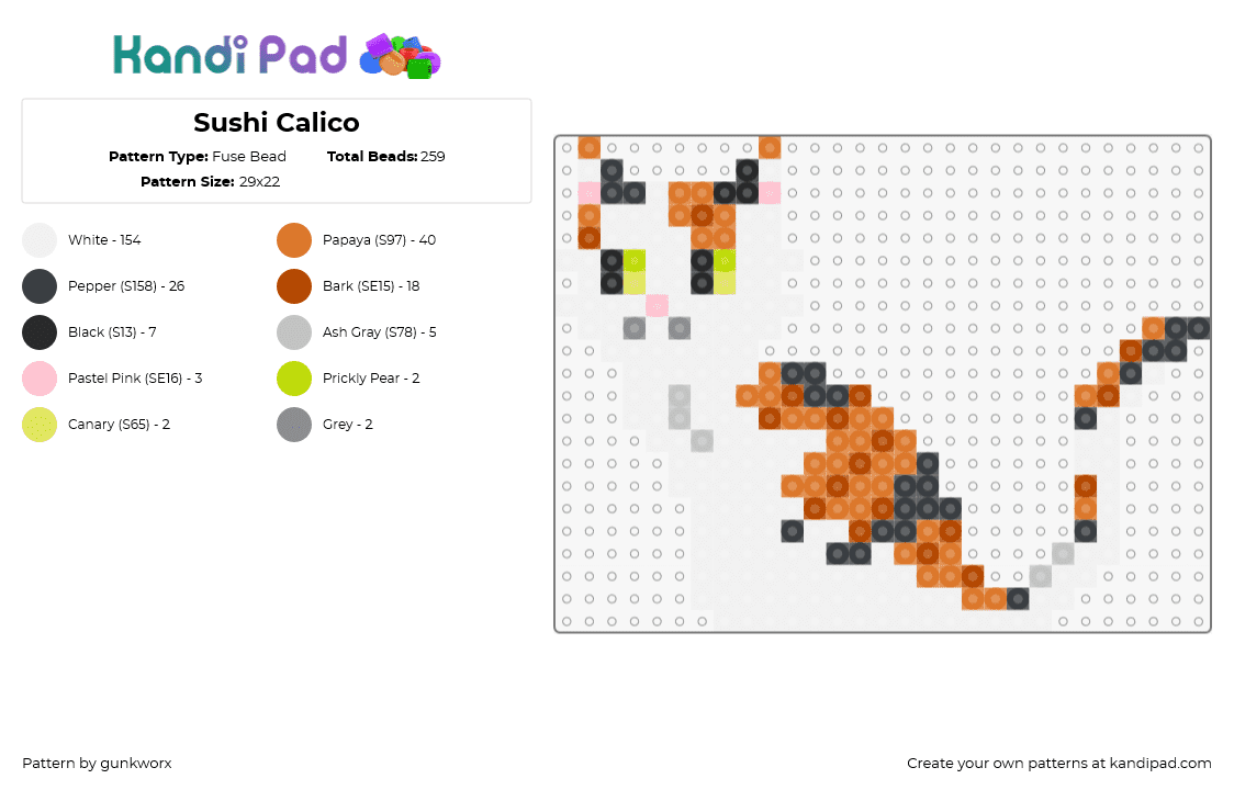 Sushi Calico - Fuse Bead Pattern by gunkworx on Kandi Pad - calico,cat,kitty,animal,pet,white,orange