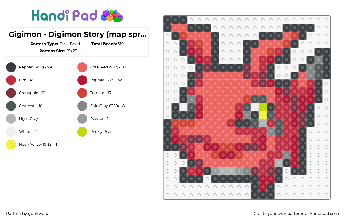 Gigimon - Digimon Story (map sprite) - Fuse Bead Pattern by gunkworx on Kandi Pad - gigimon,digimon,character,gaming,red,gray