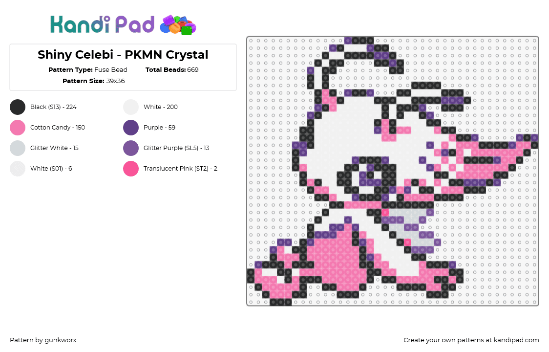 Shiny Celebi - PKMN Crystal - Fuse Bead Pattern by gunkworx on Kandi Pad - celebi,pokemon,character,gaming,pink,white