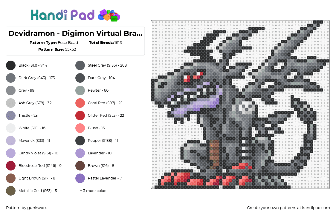 Devidramon - Digimon Virtual Bracelet - Fuse Bead Pattern by gunkworx on Kandi Pad - devidramon,digimon,character,gaming,gargoyle,winged,spooky,gray,red