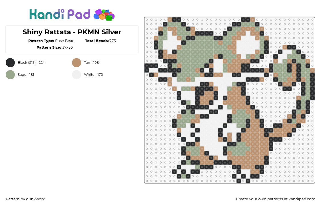 Shiny Rattata - PKMN Silver - Fuse Bead Pattern by gunkworx on Kandi Pad - rattata,pokemon,character,gaming,mouse,green,tan