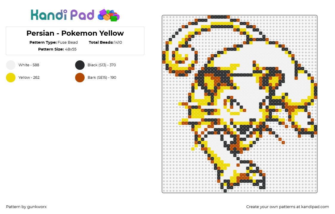 Persian - Pokemon Yellow - Fuse Bead Pattern by gunkworx on Kandi Pad - persian,pokemon,character,cat,gaming,white,yellow