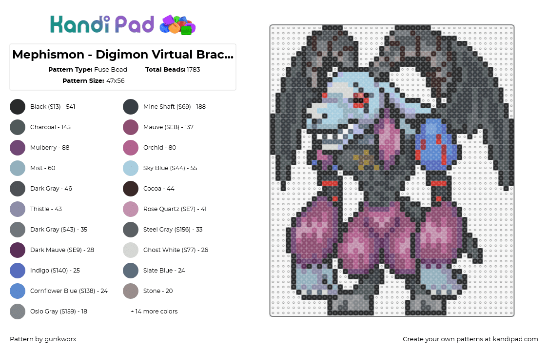 Mephismon - Digimon Virtual Bracelet - Fuse Bead Pattern by gunkworx on Kandi Pad - mephismon,digimon,character,gaming,winged,horned,gray,purple,light blue