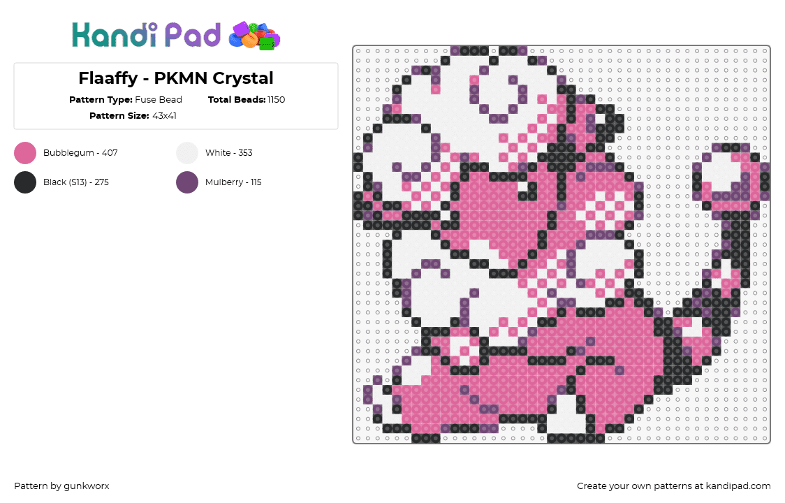 Flaaffy - PKMN Crystal - Fuse Bead Pattern by gunkworx on Kandi Pad - flaaffy,pokemon,character,gaming,sheep,pink,white