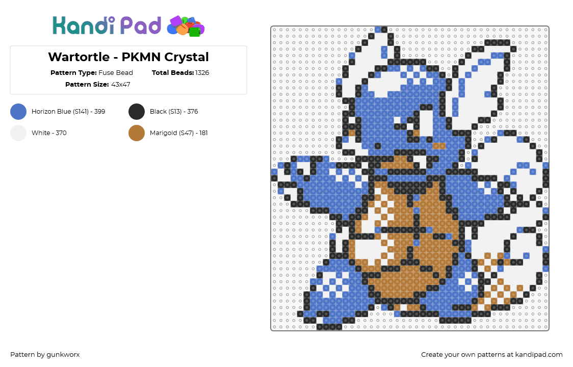 Wartortle - PKMN Crystal - Fuse Bead Pattern by gunkworx on Kandi Pad - wartortle,pokemon,character,gaming,evolution,squirtle,blue,tan,white