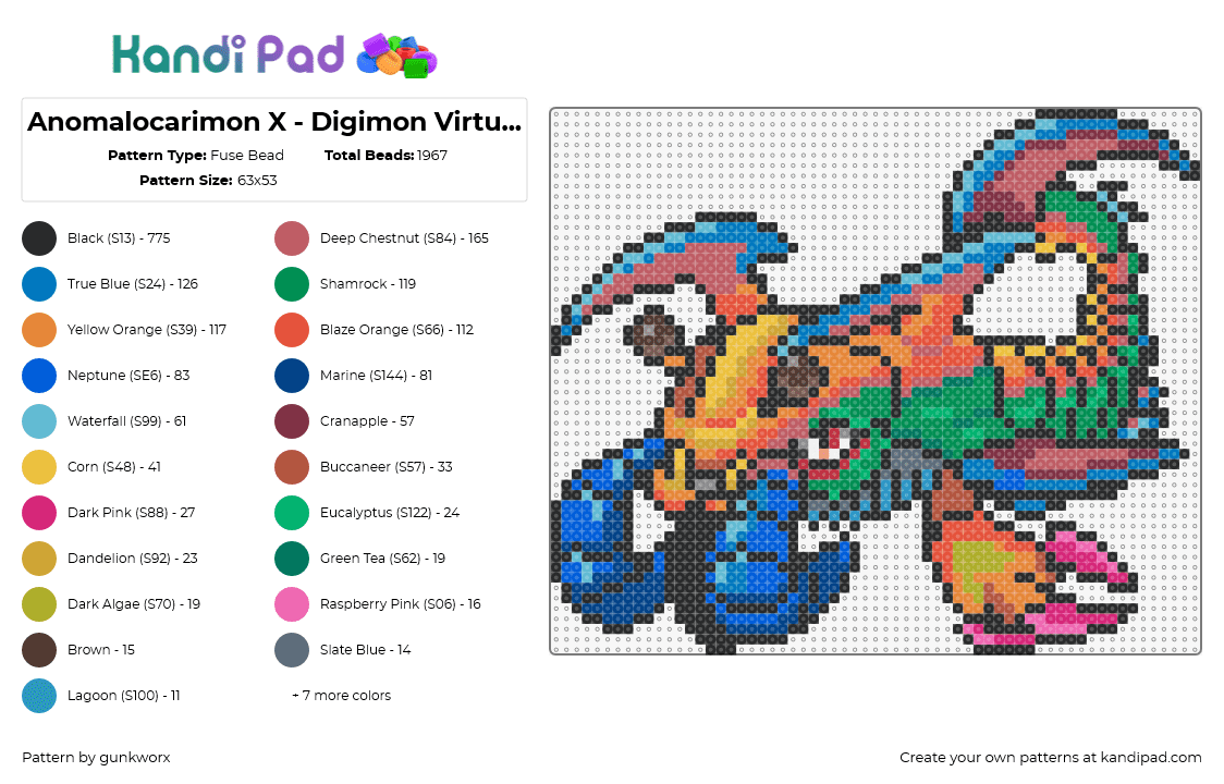 Anomalocarimon X - Digimon Virtual Bracelet - Fuse Bead Pattern by gunkworx on Kandi Pad - anomalocarimon,digimon,character,gaming,green,orange,blue