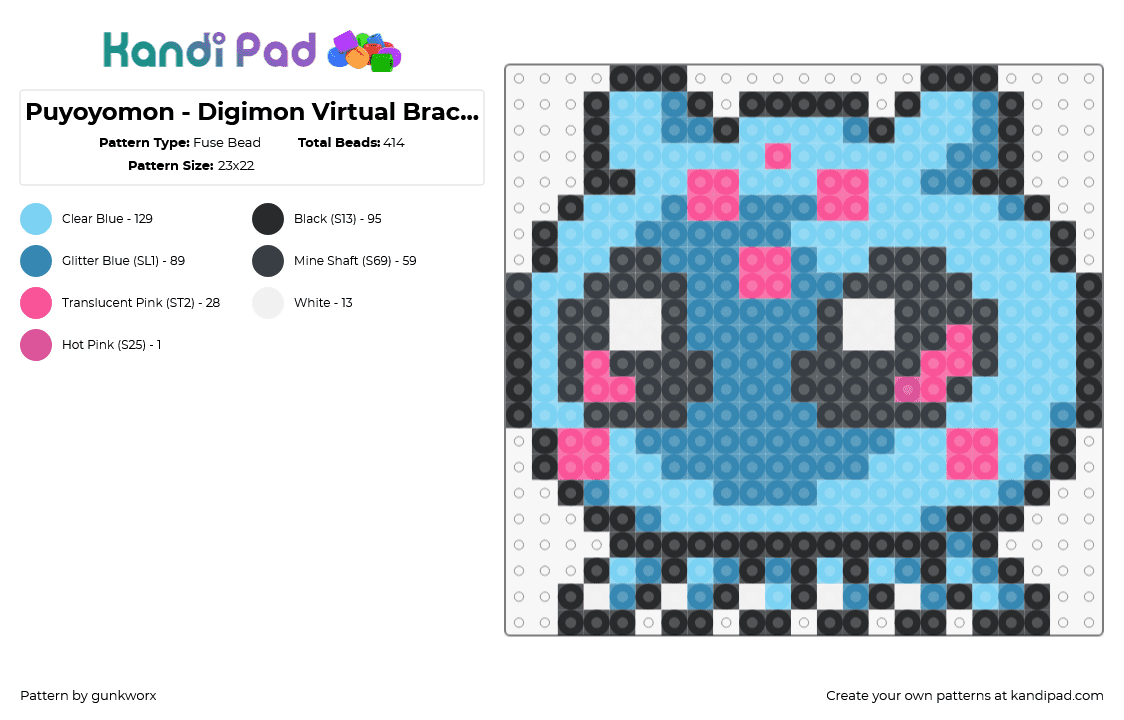 Puyoyomon - Digimon Virtual Bracelet - Fuse Bead Pattern by gunkworx on Kandi Pad - puyoyomon,digimon,character,gaming,cute,pink,light blue,blue