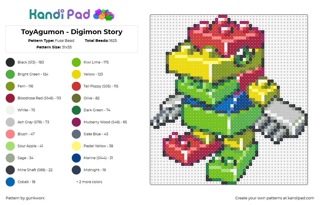 ToyAgumon - Digimon Story - Fuse Bead Pattern by gunkworx on Kandi Pad - toyagumon,digimon,character,gaming,colorful,green,yellow,red