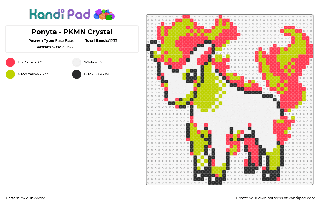 Ponyta - PKMN Crystal - Fuse Bead Pattern by gunkworx on Kandi Pad - ponyta,pokemon,character,gaming,fiery,horse,white,orange,green