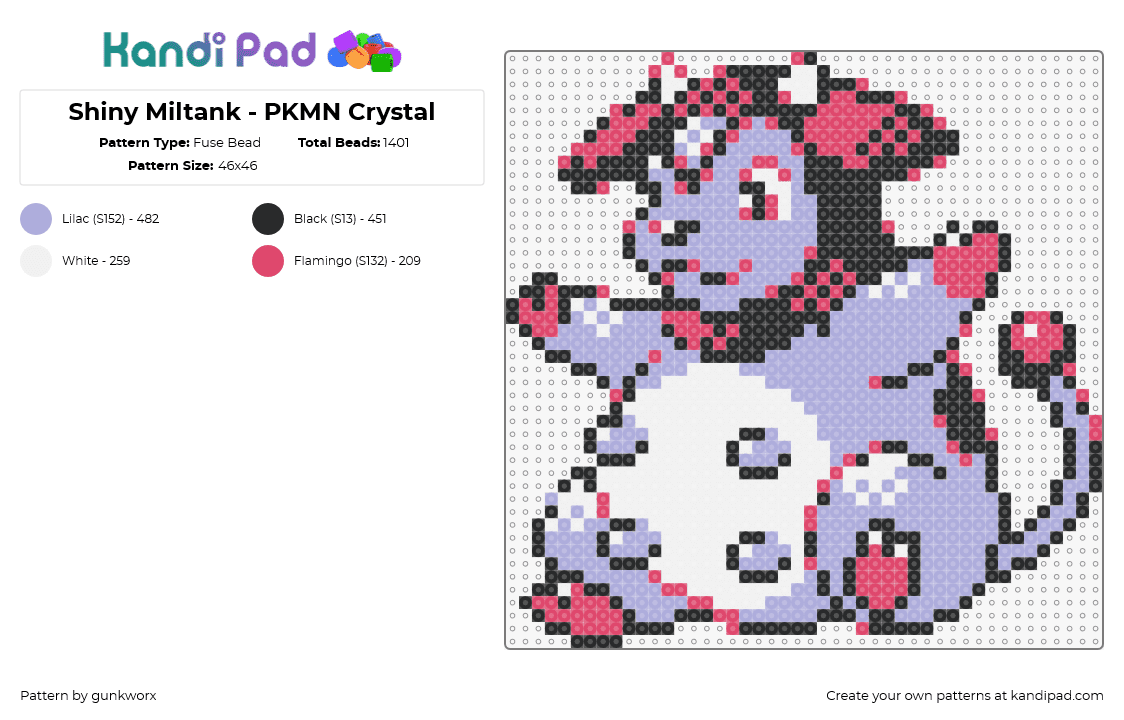 Shiny Miltank - PKMN Crystal - Fuse Bead Pattern by gunkworx on Kandi Pad - miltank,pokemon,character,gaming,cow,pink,purple