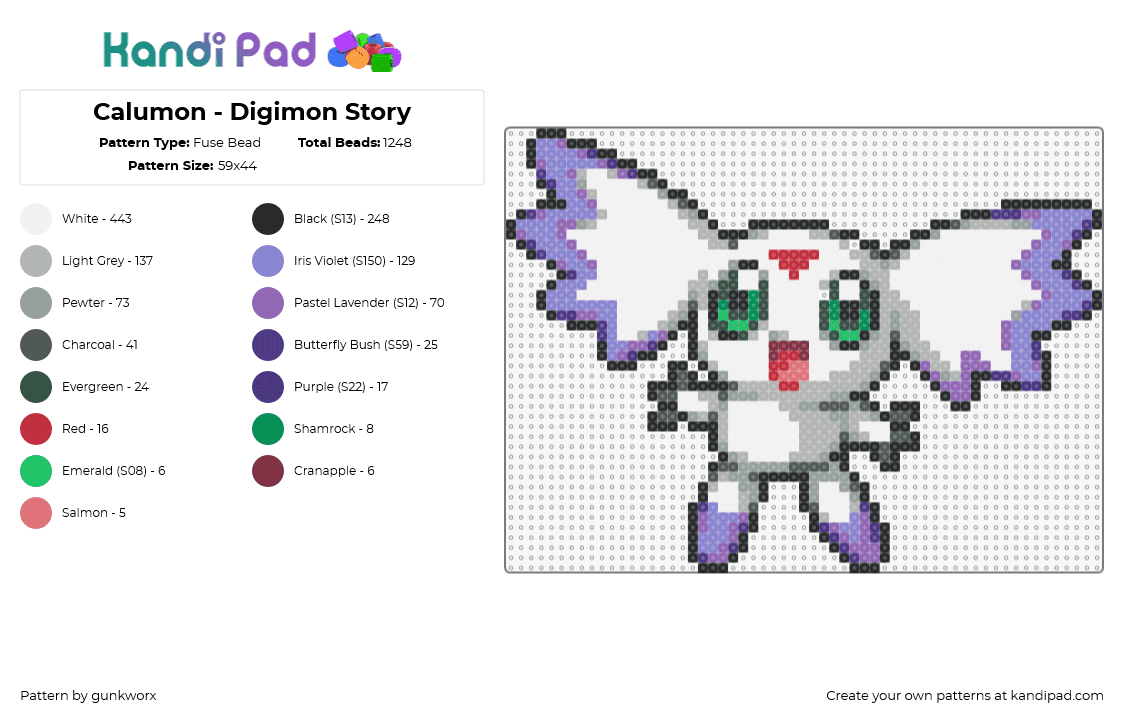 Calumon - Digimon Story - Fuse Bead Pattern by gunkworx on Kandi Pad - calumon,digimon,character,cute,gaming,white,purple,gray