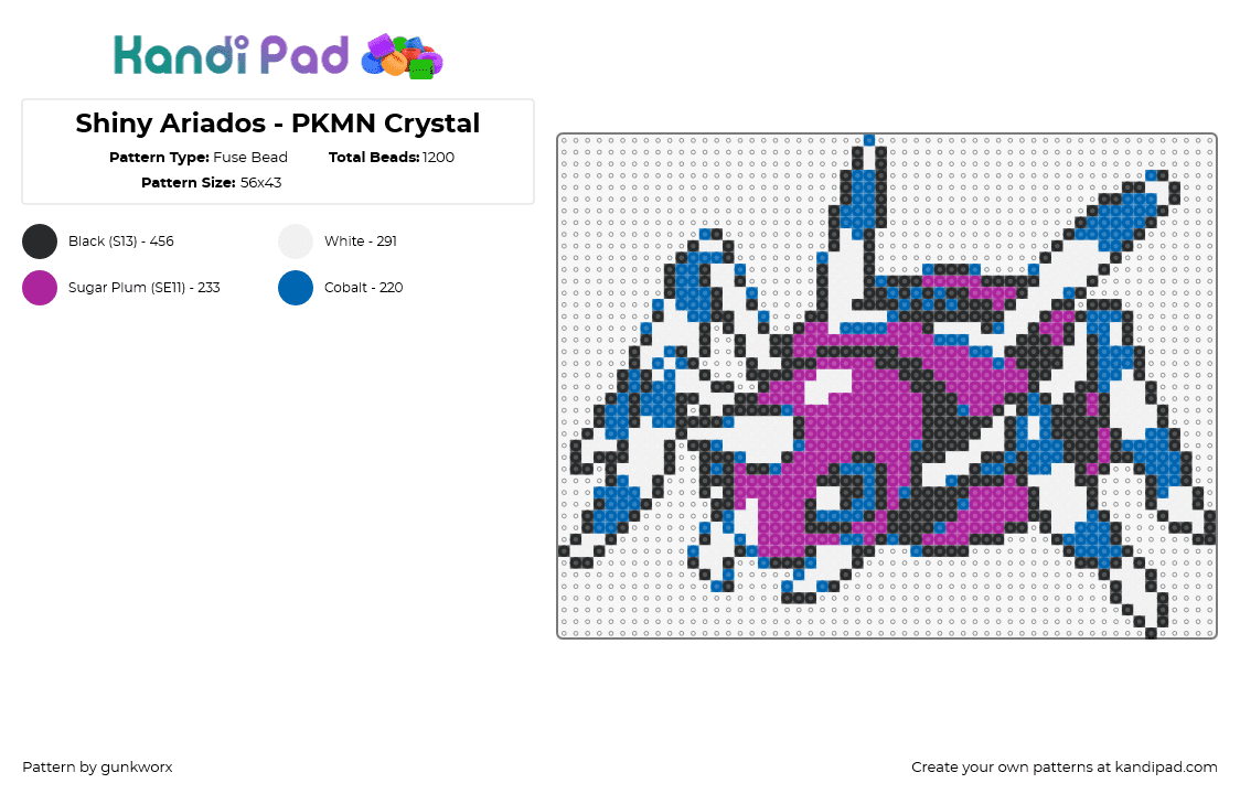 Shiny Ariados - PKMN Crystal - Fuse Bead Pattern by gunkworx on Kandi Pad - ariados,pokemon,character,gaming,blue,purple,white