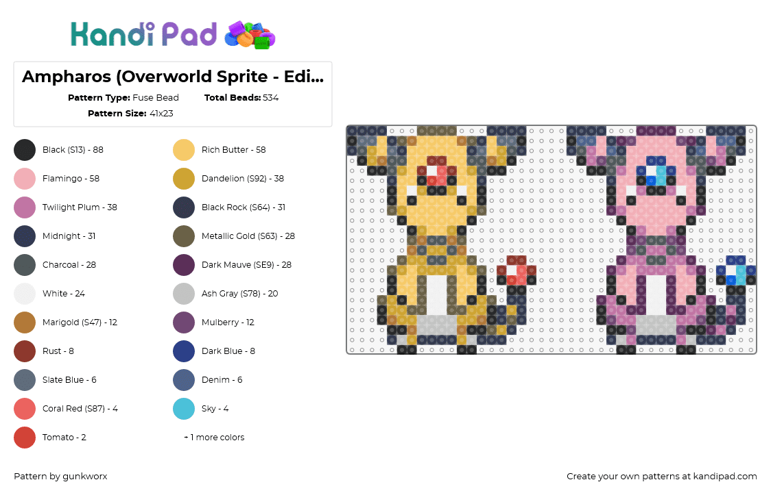 Ampharos (Overworld Sprite - Edit) - Pokemon HGSS - Fuse Bead Pattern by gunkworx on Kandi Pad - ampharos,pokemon,character,gaming,yellow,pink