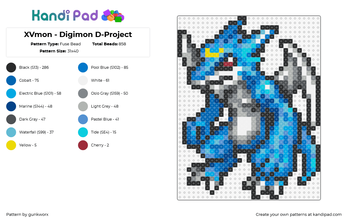 XVmon - Digimon D-Project - Fuse Bead Pattern by gunkworx on Kandi Pad - xvmon,digimon,character,gaming,winged,blue,gray