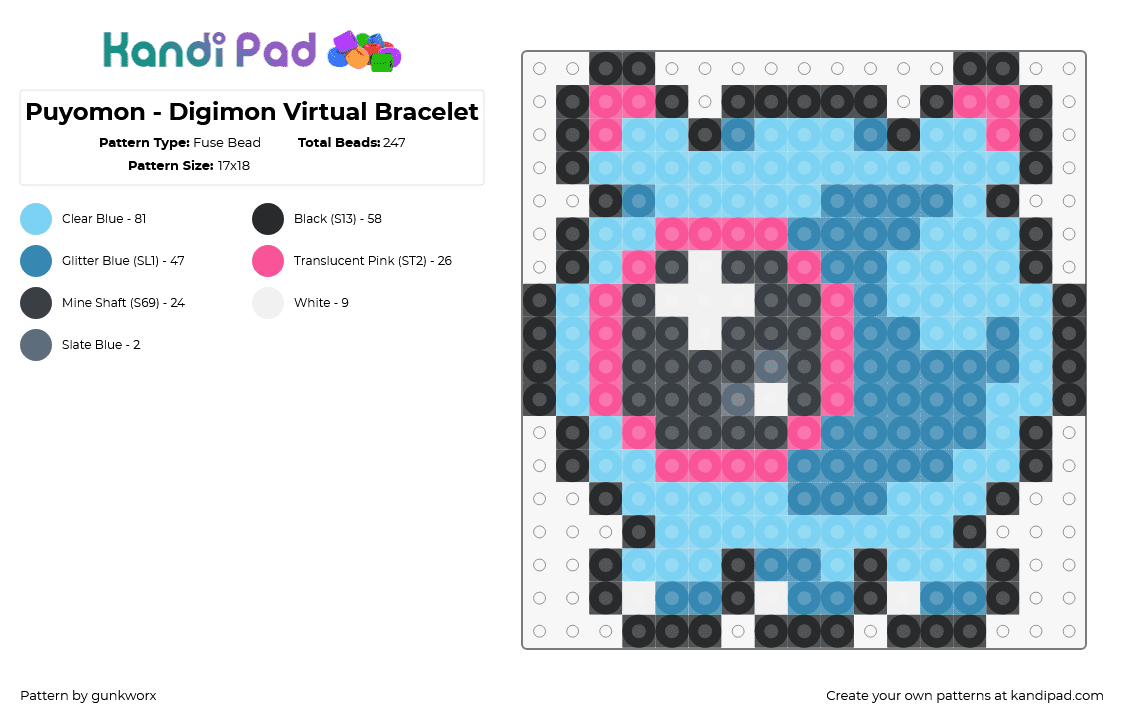 Puyomon - Digimon Virtual Bracelet - Fuse Bead Pattern by gunkworx on Kandi Pad - puyoyomon,digimon,character,cyclops,eye,gaming,pink,light blue,blue